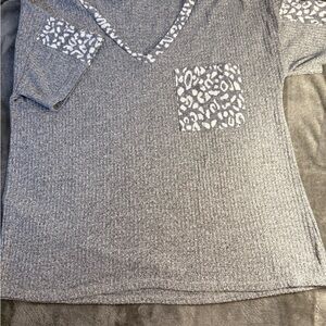 Gray Leopard Print V-Neck Top